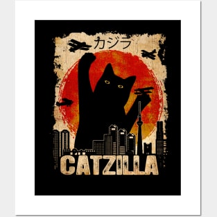 Vintage Catzilla Funny Black Cat Posters and Art